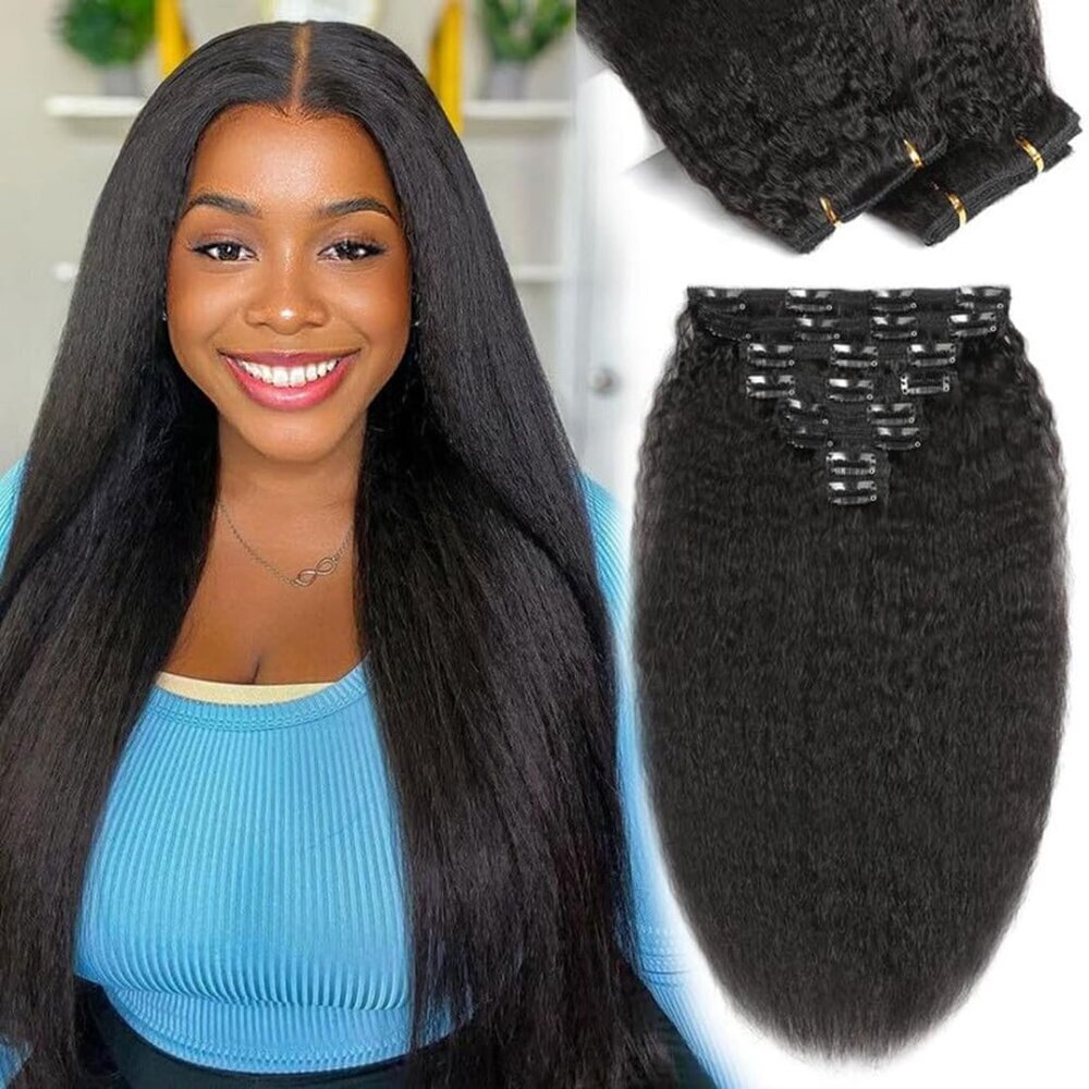 Human Hair Clip Ins 12 Inch Kinky Straight Black Extensions for Women